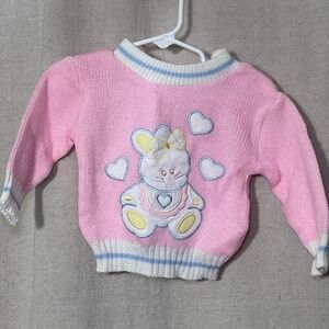 Vintage 80s Baby‎ Sweater Bunny Appliqué Pink Knit 12M Taiwan Kawaii Infant Girl